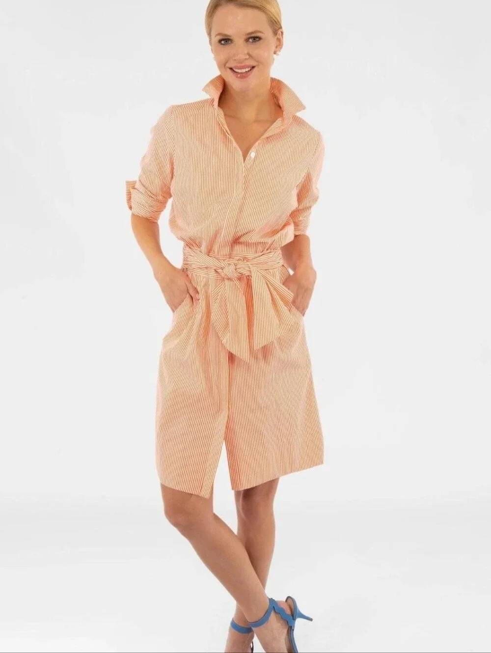 Gretchen Scott Designs Peach-Striped Tie-Waist Shirt Dress